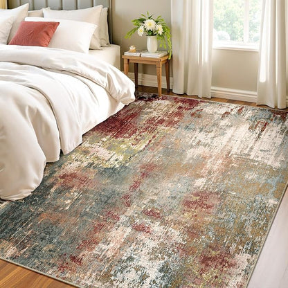 RELEANY Washable Area Rugs 4'x6' Non-Slip Modern Abstract Soft for Living Room Entryway Bedroom Kitchen, Print Pattern, Brown Rust Red Green Blue Multi
