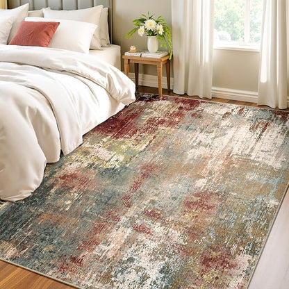 RELEANY Washable Area Rugs 4'x5' Non-Slip Modern Abstract Soft for Living Room Entryway Bedroom Kitchen, Print Pattern, Brown Rust Red Green Blue Multi