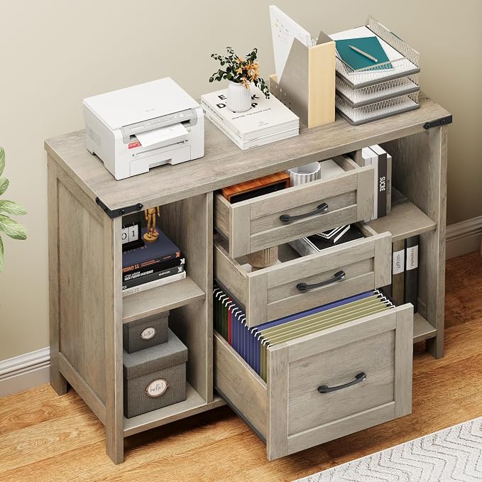 Halitaa 3 Drawer File Cabinet, Farmhouse Lateral Filing Cabinet Fits File Letter or A4 Size, Wooden Printer Stand with Open Storage Adjustable Shelf for Home Office, Grey