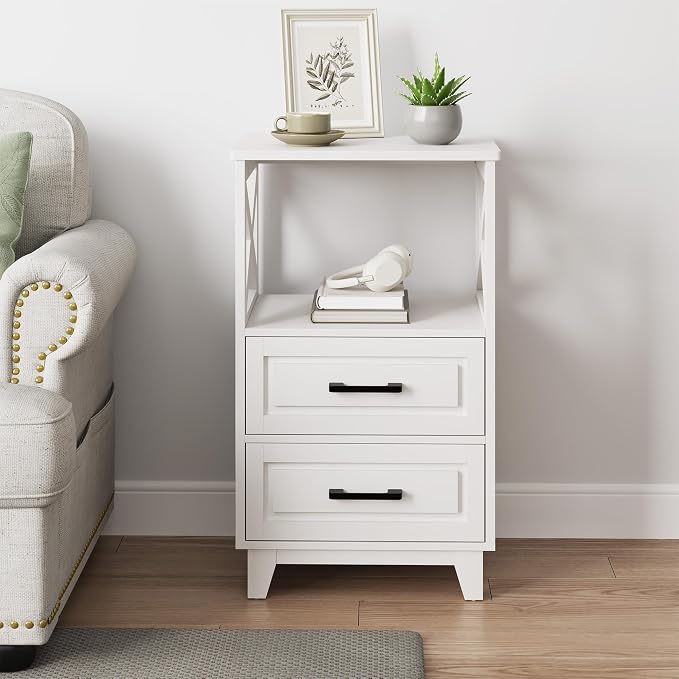 RoyalCraft 30" Tall Nightstand, Modern Painted Bedside Table with 2 Drawers and Open Shelf, Wood Side Table for Bedroom, Home Office, White-Open Shelf Above, Set of 1