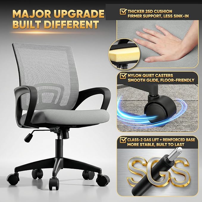 Magshion Ergonomic Office Desk Chair, Mid-Back Mesh Computer Chair, Swivel Chair with Breathable Backrest & Lumbar Support, Adjustable Height for Gaming, Work, Study, 300 Lbs Capacity, Light Gray