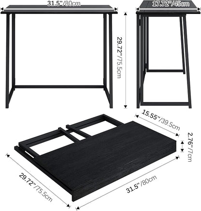 4NM 31.5" Small Folding Desk, Foldable Computer Home Office Desk, Study Writing Table for Small Space Saving Bedroom, Easy Assembly - All Black