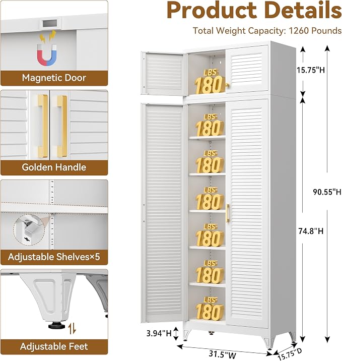 Polup Kitchen Pantry Cabinet, 90" Tall Metal Storage Cabinet, Food Pantry cabinets with Doors and Shelves, Steel Cabinets for Living Room, Dining, White,16" D x 32" W x 90" H, Assembly Required