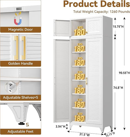 Polup Kitchen Pantry Cabinet, 90" Tall Metal Storage Cabinet, Food Pantry cabinets with Doors and Shelves, Steel Cabinets for Living Room, Dining, White,16" D x 32" W x 90" H, Assembly Required