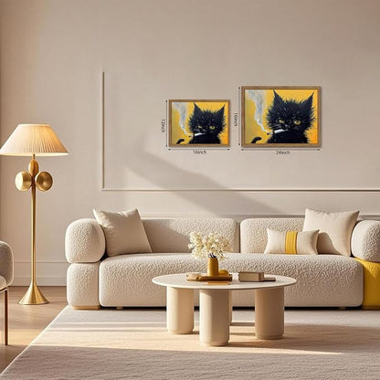 Vintage Black Cat Wall Art, Black Cat Painting Portrait Wall Decor, Mens Room Canvas Print Poster, Cool Animals Picture Art for Bathroom Decor 16x24 inch Wood Framed