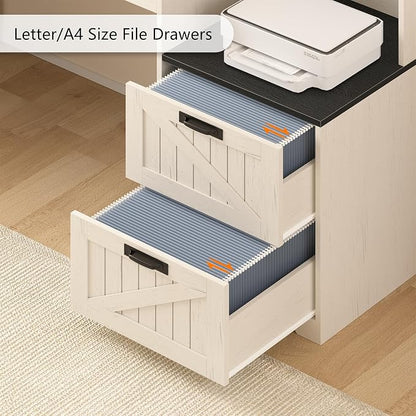 TVU Farmhouse L Shaped Desk with Drawers, 62.2" Home Office Desk with Storage Shelves and Power Outlet, L Shaped Computer Desk with Monitor Stand and Printer Shelf, Black and White