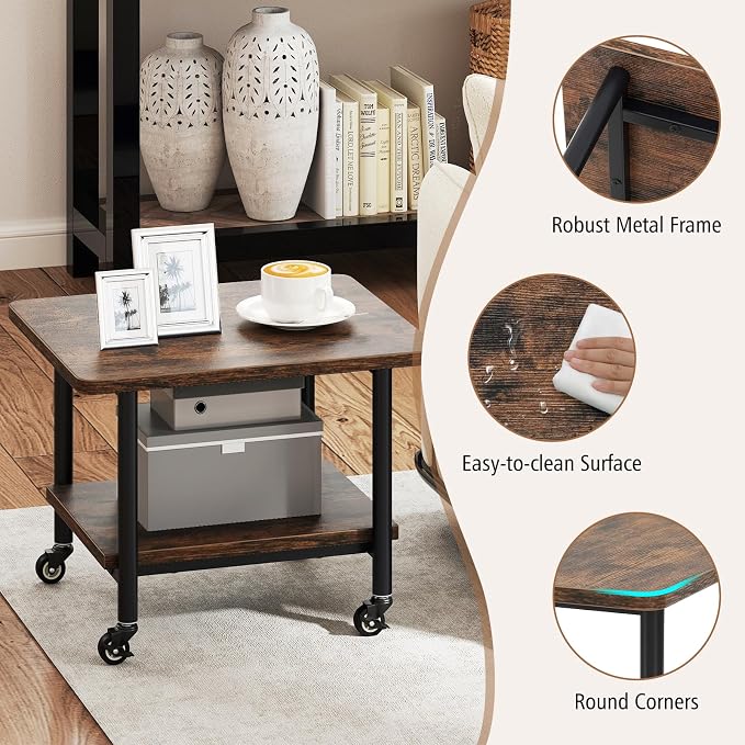 GOFLAME Under Desk Printer Stand, 2-Tier Industrial Mobile Printer Table with Storage Shelf, Metal Frame, Rolling Printer Cart Holder Storage Rack with Lockable Wheels for Home Office, Brown
