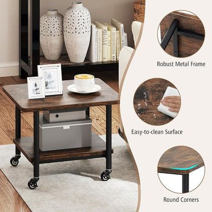 GOFLAME Under Desk Printer Stand, 2-Tier Industrial Mobile Printer Table with Storage Shelf, Metal Frame, Rolling Printer Cart Holder Storage Rack with Lockable Wheels for Home Office, Brown