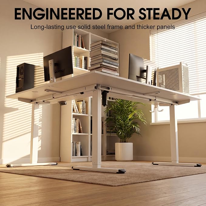 Furmax 63 x 55 Inch L Shaped Standing Desk with 2 Preset Heights, Electric Height Adjustable Computer Table, 2 Hooks & Feet Balance, Corner Sit Stand Desk for Home Office (White, 63 x 55 Inch)