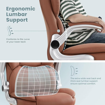 IWMH Executive Office Chair, Ergonomic Big and Tall Computer Desk Chair, High Back PU Leather Chair with Padded Flip-up Armrest, Lumbar Support Swivel Rolling Chairs Brown