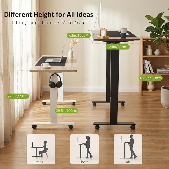 farexon Electric Standing Desk Adjustable Height, 63x24 Inches Computer Gaming Desk with Rolling Wheels, Mouse Pad,Multifunctional Stand up Desk for Home/Office(Brown)