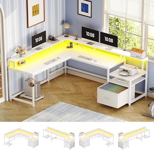 SEDETA 66" L Shaped Desk with Power Outlet, Reversible Home Office Computer Desk with File Drawer & Monitor Shelf, Storage Shelves, LED Lights for Corner Small Spaces, White