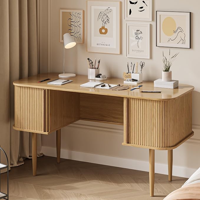MAISONARIA 55" Modern Writing Desk with Storage, Wood Home Office Desk with Sliding Doors, Computer Desk for Home Office, Dorm, Living Room, Home Study Table, Natural