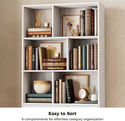 IRONCK Bookshelf, 70.9 Inch Tall Bookcase, White Book Shelf with Doors and 3 Drawers, 3-Tier Bookshelves with 6 Open Cubes for Home Office, Living Room, Study