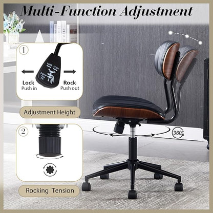 Modern Walnut Home Office Chair，Adjustable Height Desk Chair with Wheels，Armless Computer Chair for Office, Reading Meeting Room, Black