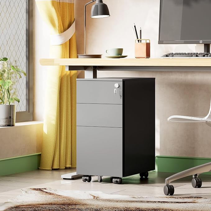 DEVAISE 3 Drawer File Cabinet with Lock, Under Desk Metal Filing Cabinets with Wheels for Home Office Fit Legal/Letter/A4 File, Assembled Except Casters,Black