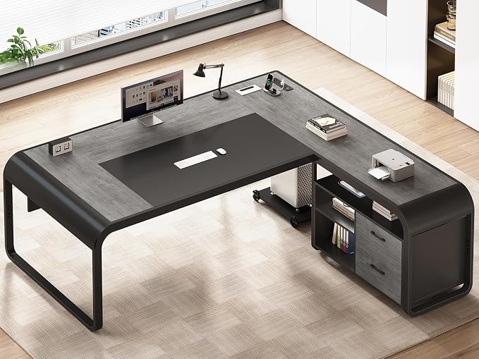 SEDETA 61 Inch Executive Desk, Large Office Desk with File Drawer, L Shaped Desk with Drawers, Computer Desk with Mobile CPU Stand, Storage Shelves, Power Outlets for Home Office, Gray