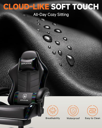 GTPLAYER Gaming Chair with Footrest, Computer Gaming Chair for Adults, Height Adjustable Gamer Chair with 90-155° Recline & Removable Headrest Lumbar Support, 01 Iridescent Black