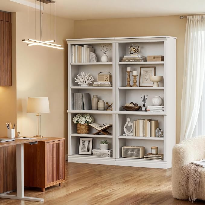 Furniwell Bookcase Bookshelves, 5-Shelf Tall Bookcase 71" Wood Open Display Floor Bookshelf, Large Storage Organizer for Library, Bedroom, Living Room, Set of 2 (White)