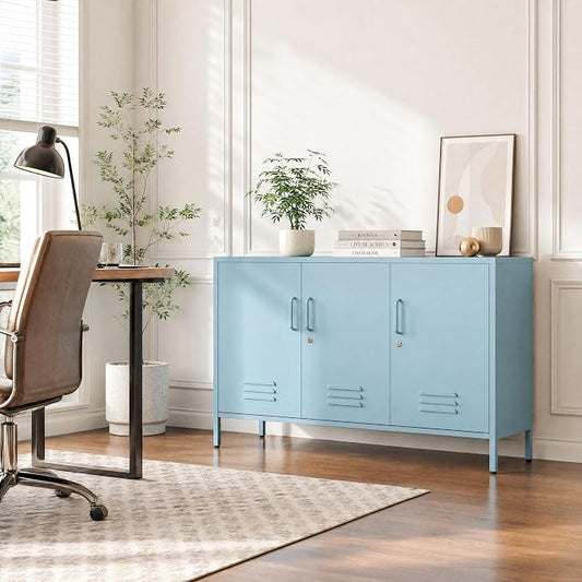 Blue Metal Storage Cabinet with Lock, 47.5" Wide Ventilated Door Locker, 2 Adjustable Shelves, Heavy Duty Home Accent Cabinet for Living Room Kitchen Office Study