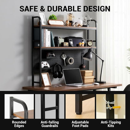 deli Desktop Shelf, Desk Hutch with Grid Panel, Desktop 2-Tier Display Rack, Multipurpose Metal Desktop Bookshelf Storage Organizer, Black