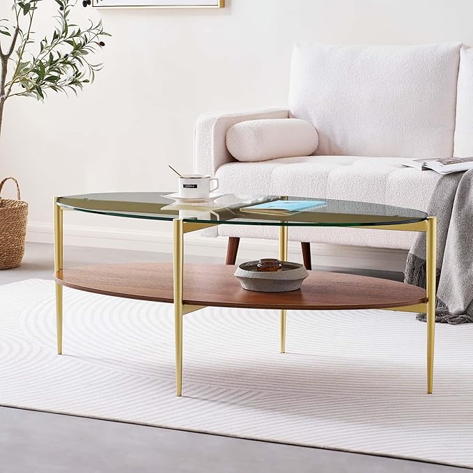 LumFurn Oval Glass Coffee Table, Mid-Century Modern Design, L43 x W22 x H17 inch, 2-Tier Structure, Olive Shaped Clear Glass Top and Walnut Finish Wood Shelf, Tapered Legs with Gold Finish Frame