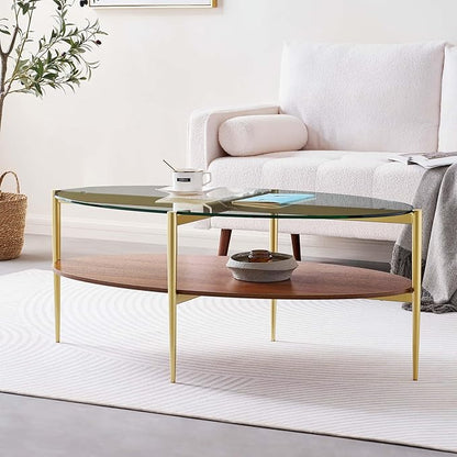 LumFurn Oval Glass Coffee Table, Mid-Century Modern Design, L43 x W22 x H17 inch, 2-Tier Structure, Olive Shaped Clear Glass Top and Walnut Finish Wood Shelf, Tapered Legs with Gold Finish Frame