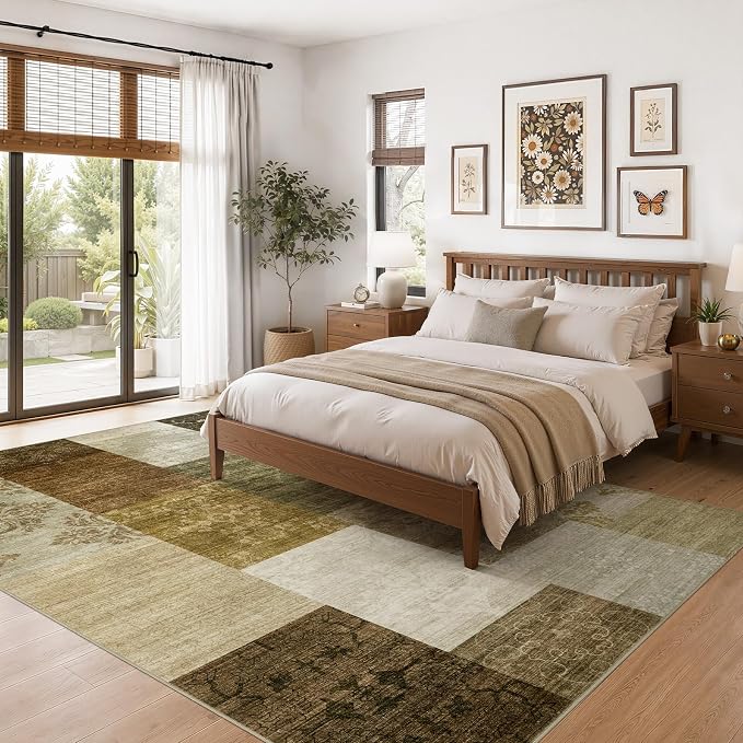 UERMEI 6x9 Area Rug for Living Room - Washable Neutral Modern Abstract Carpet, Non-Slip Soft Large Indoor Floor Rugs for Bedroom Home Office & Under Dining Table Decor, Brown/Green