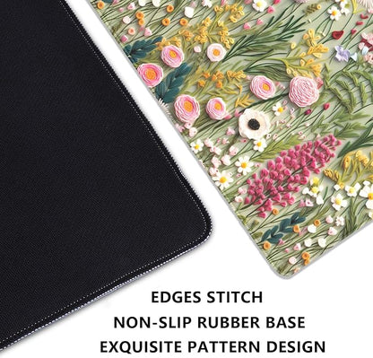 Embroidered Flower Wildflower Embroidery 3D Pattern Mouse Pad Desk Pad,Stitched Edges Non-Slip Waterproof Rubber Base Mous Mat for Office,Computer,Keyboard,Laptop and Home Desk Pad(27.5X11.8 in)