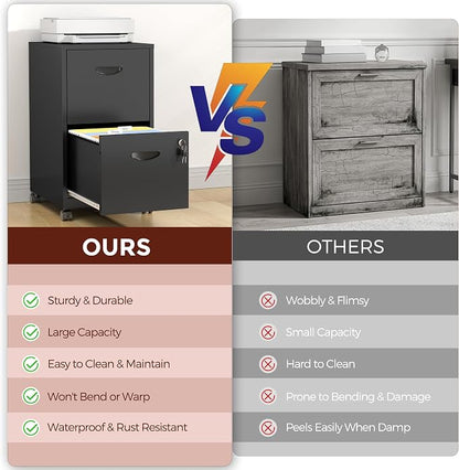 2 Drawer Mobile File Cabinet with Lock, Black Metal Filing Cabinets with Wheels, Vertical Rolling File Cabinet Fit Hanging Files, Letter and A4 Documents