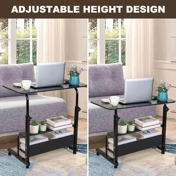 Adjustable Height Mobile Computer Desk for Small Space Rolling Table with Wheels Desk Home Office Study Desk Portable for Bedrooms Work Size 31.5x15.7 Inch Black with Storage Gaming Table B