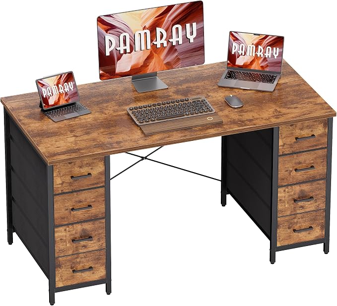 Pamray 47 Inch Computer Desk with 8 Fabric Drawers PC Gaming Desk Home Office Study Work Writing Table for Bedroom Vintage