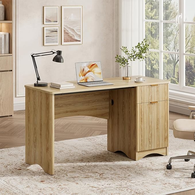 Bestier 47 inch Fluted Computer Desk with Drawer, Office Desk with File Cabinet, Modern Wood Desk with Storage Cabinet for Home Office Bedroom Study, Natural Oak