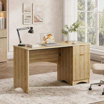 Bestier 47 inch Fluted Computer Desk with Drawer, Office Desk with File Cabinet, Modern Wood Desk with Storage Cabinet for Home Office Bedroom Study, Natural Oak