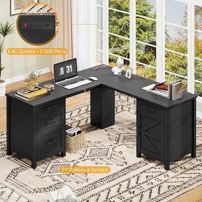 Vabches 59” L Shaped Executive Desk with Power Outlets, Farmhouse Home Office Desk with File Drawer,Storage Cabinet, Wood Corner Sturdy Writing Workstation.Black