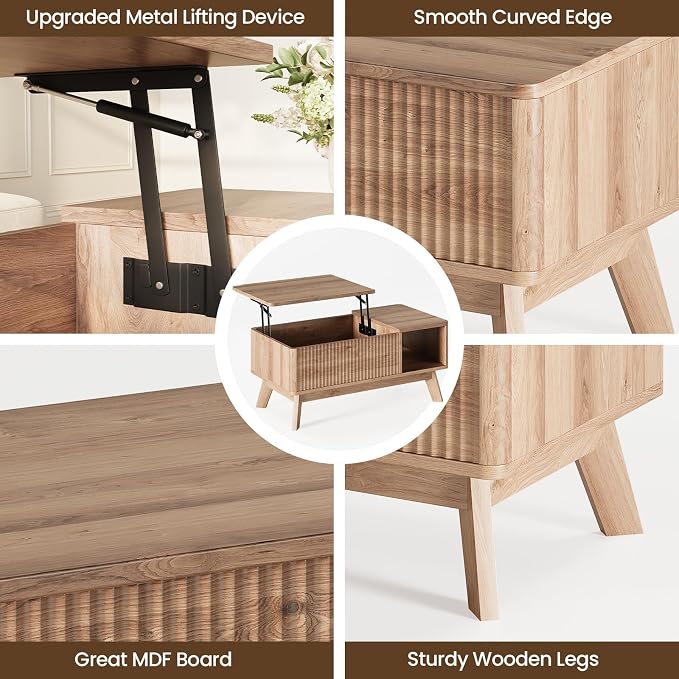 Wood Lift Top Coffee Table with Hidden Compartment and Large Storage Shelf, Lift Tabletop Dining Center Table for Home Living Room Office, Natural