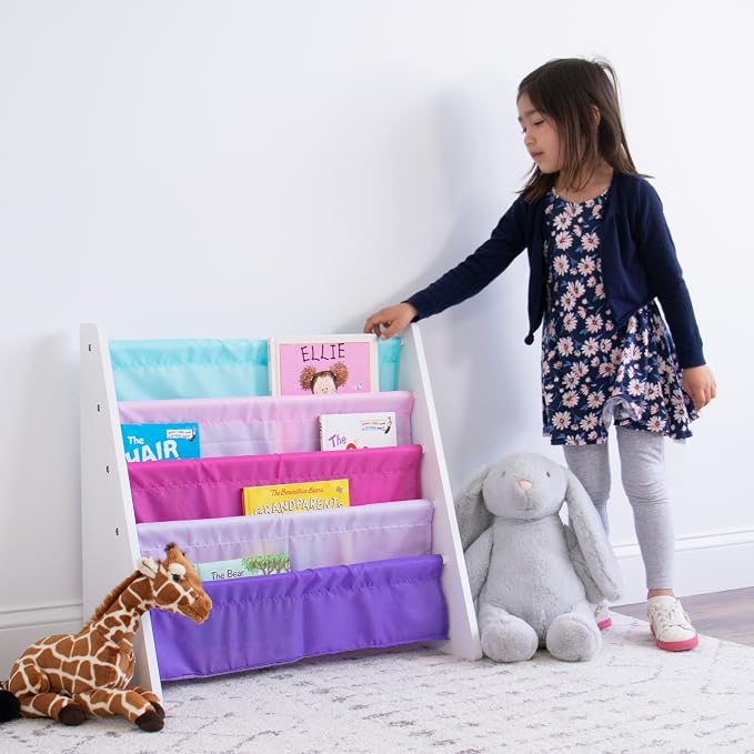 Humble Crew Kids Bookshelf, 4-Tier Front-Facing Book Display Organizer, Montessori Toddler Bookcase for Playroom, Bedroom & Reading Corner, White/Pink/Purple/Blue