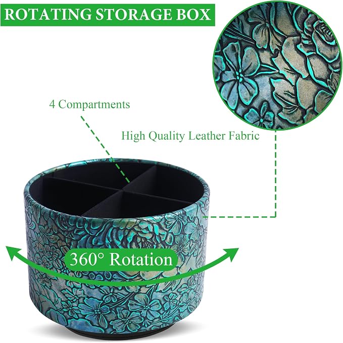 Round Leather Art Supply Organizer,Remote Control Holder,360 Degree Spinning,Multi-Functional Pencil Holder,4 Compartments Desktop Stationary Organizer(1-Rich Flower Green)
