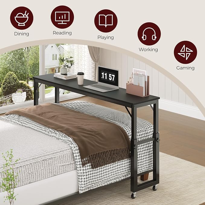 MAHANCRIS Overbed Table with Wheels, Mobile Bed Desk for Queen Size, 36"-43.5" Adjustable Height Rolling Table, Recliner Desk, Mobile Cross Bed for Bedroom, Living Room, Office, Black MTBK18001