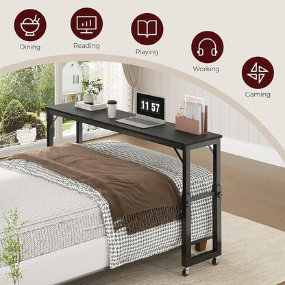 MAHANCRIS Overbed Table with Wheels, Mobile Bed Desk for Queen Size, 36"-43.5" Adjustable Height Rolling Table, Recliner Desk, Mobile Cross Bed for Bedroom, Living Room, Office, Black MTBK18001