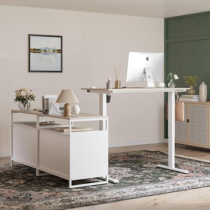 FEZIBO Electric L Shaped Standing Desk with Storage, Executive Desk Adjustable Height, Light Walnut