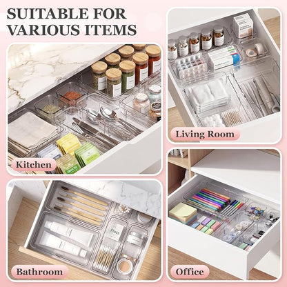 DILIBRA 16 Pcs Clear Extendable Drawer Organizer, 3-Size Adjustable | Plastic Non-Slip Storage Bins, For Makeup Cosmetic Jewelries, For Utensils Stationery, For Dressers Tool, Desk Drawer Storage