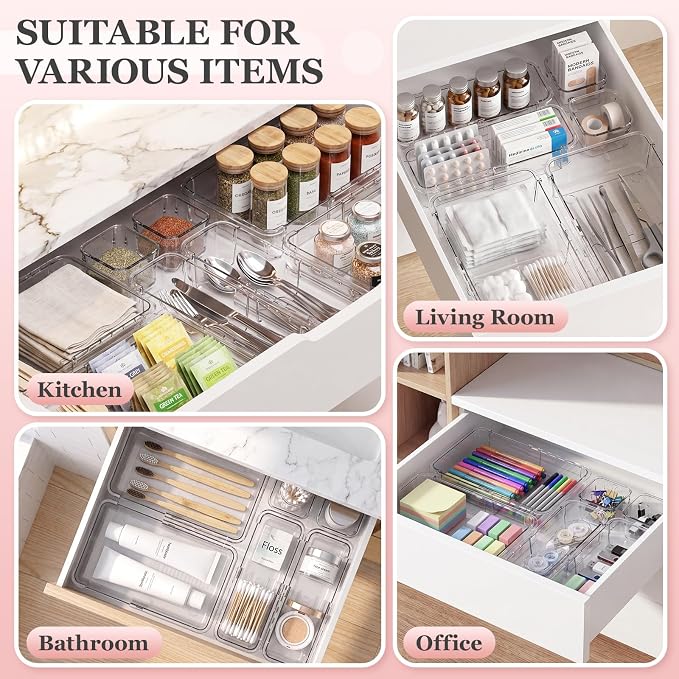 DILIBRA 20 Pcs Clear Extendable Drawer Organizer, Adjustable Drawer Storage 3-Size Desk Drawer Organizer, Plastic Non-Slip Storage Bins for Makeup Cosmetic Jewelries Utensils Stationery Dressers Tool
