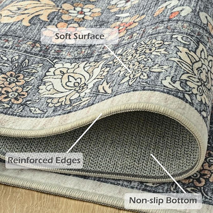 Goideal Washable Rug 4x6, Vintage Area Rugs Non Slip, Indoor Low Pile Carpet with Rubber Backing for Living Room Kitchen Bathroom Entryway Office Bedroom,Grey & Rust