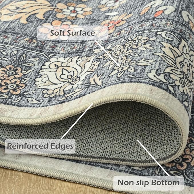 Goideal Washable Rug 2x3, Vintage Area Rugs Non Slip, Indoor Low Pile Carpet with Rubber Backing for Kitchen Bathroom Entryway Office Bedroom,Grey & Rust