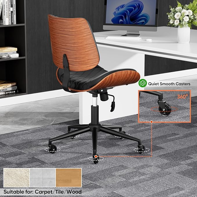 Home Office Desk Chair with Swivel Wheels, Modern PU Leather Armless Office Chair, Small Mid Back Computer Chair for Home Office, Reading Meeting Room (Black, Black Wheels)