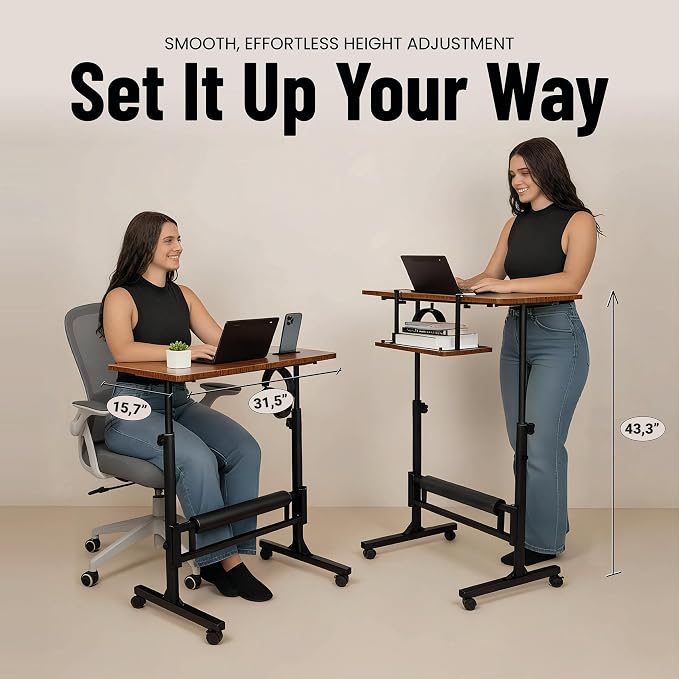 Small Rolling Desk with Wheels, Adjustable Height 27"-43.3" Portable Standing Desk, 31.5"x15.7" Tabletop, Mobile Laptop Computer Table for Home Office Workstation, Rustic Brown