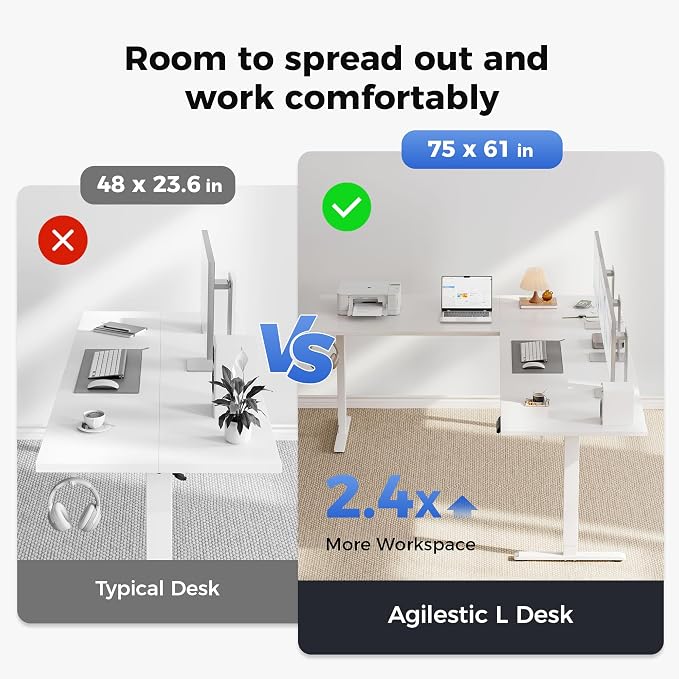 Agilestic Electric L Shaped Standing Desk 75 x 61 Inch with Power Outlet, Height Adjustable Corner Stand up Desk with Cable Management,Sit Stand Home Office Workstation with Splice Board, White
