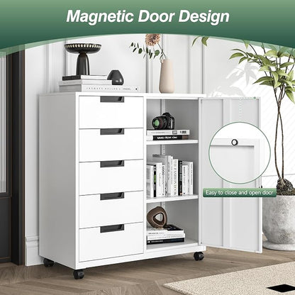 MIIIKO 5 Drawer Storage Cabinet with Door and Shelf, Mobile Lateral Cabinet on Wheels, Office Small Organizer Printer Stand, White File Cabinets