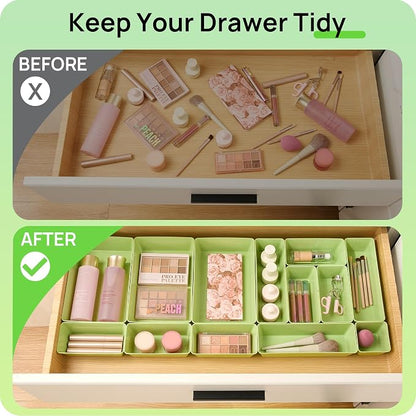 Vtopmart 25 PCS Plastic Drawer Organizers Set, 4-Size Versatile Bathroom and Vanity Drawer Organizer Trays, Storage Bins for Makeup, Bedroom, Kitchen Gadgets Utensils and Office, Light Green